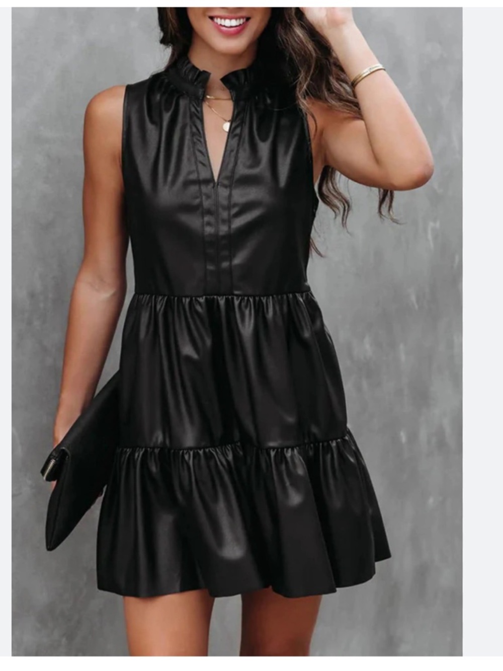 Fate Black Sleeveless Tiered Faux Leather Mini Dress w/side zip. Size Large